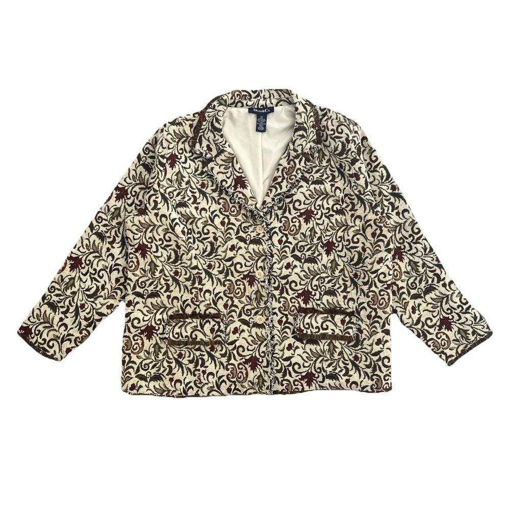 Denim & Co. Women's 2X Floral Tapestry Jacket Lined Fringe Trim Boho Cottagecore